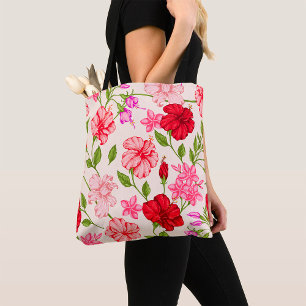 Tropical Hibiscus and Plumeria Floral Pattern Tote Bag