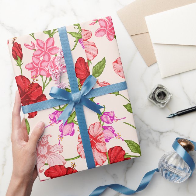 Tropical Hibiscus and Plumeria Floral Pattern Wrapping Paper (Creator Uploaded)