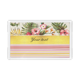 Tropical Hibiscus and Stripes Acrylic Tray