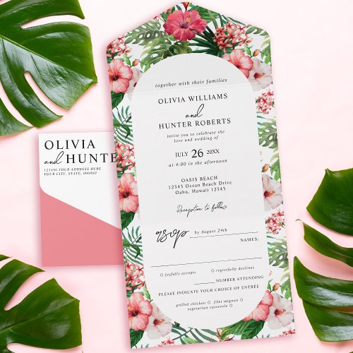 Tropical Hibiscus Arch Wedding All In One Invitation