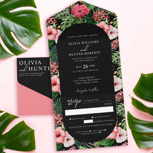 Tropical Hibiscus Arch Wedding Black All In One Invitation