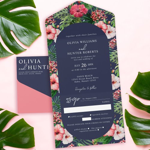 Tropical Hibiscus Arch Wedding Navy All In One Invitation