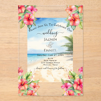 Tropical Hibiscus Beach Acrylic Invitations