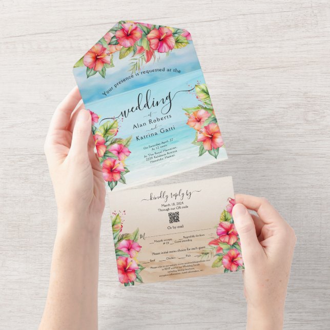 Tropical Hibiscus Beach All in One Wedding Invite (Tearaway)