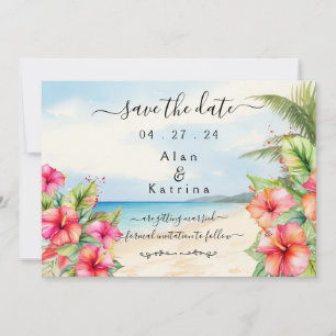 Tropical Hibiscus Beach Flat Save The Date Card
