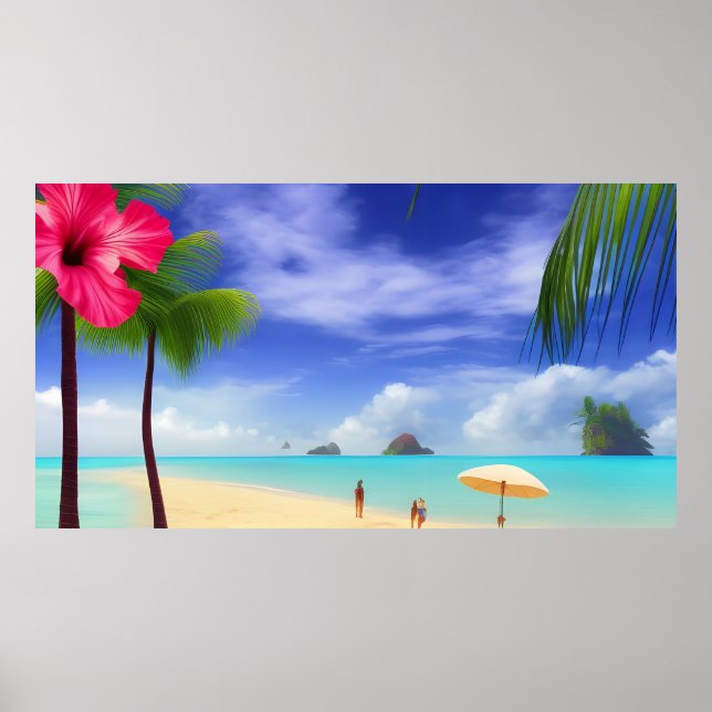 Tropical hibiscus Beach moonlight ocean palms 3 Poster (Front)