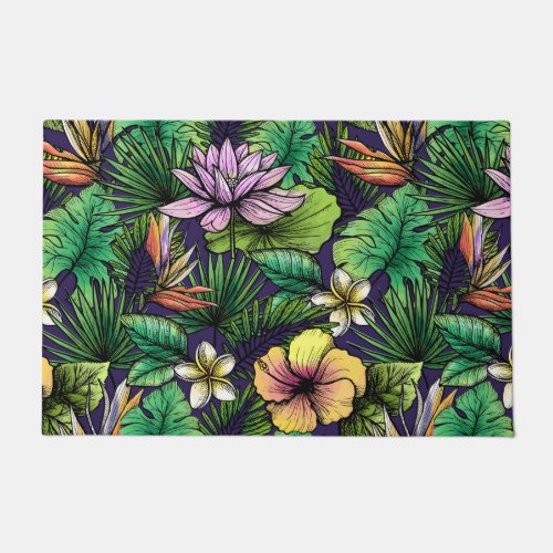Tropical hibiscus bird of paradise foliage doormat