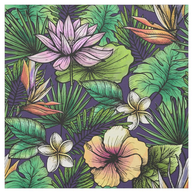 Tropical hibiscus bird of paradise foliage  fabric (Swatch)