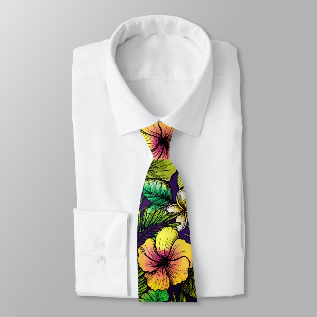 Tropical hibiscus bird of paradise foliage neck tie (Tied)