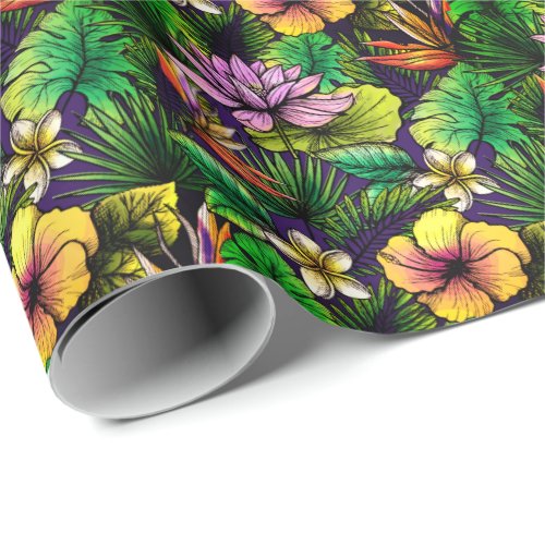Tropical hibiscus bird of paradise foliage wrapping paper