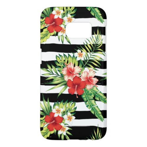 Tropical Hibiscus  Black  White Stripes Pattern Samsung Galaxy S7 Case