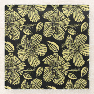 Tropical Hibiscus: Black-Yellow Vintage Flowers. Glass Coaster