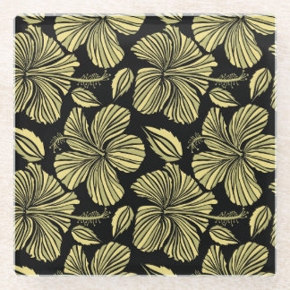 Tropical Hibiscus: Black-Yellow Vintage Flowers. Glass Coaster
