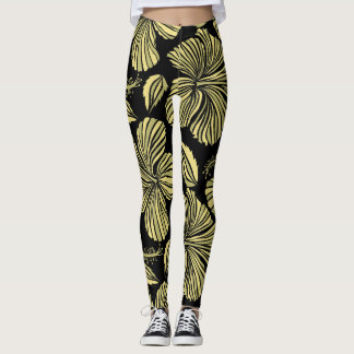 Tropical Hibiscus: Black-Yellow Vintage Flowers. Leggings