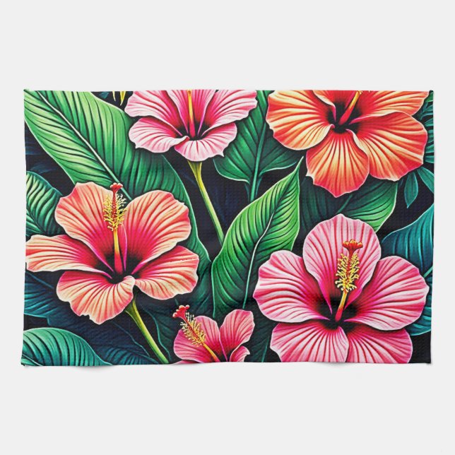 Tropical Hibiscus Bloom Artistry Kitchen Towel (Horizontal)