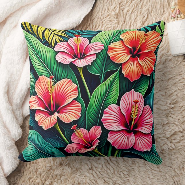 Tropical Hibiscus Bloom Artistry Throw Pillow (Blanket)