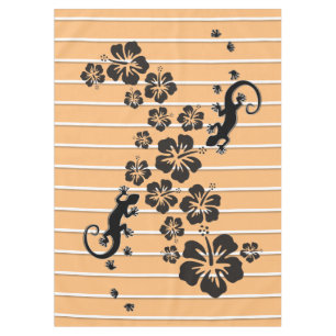 Tropical Hibiscus blooms & geckos black + backgr Tablecloth