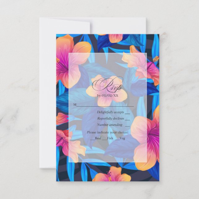 Tropical Hibiscus Blue, Orange, and Pink Floral RSVP Card (Front)