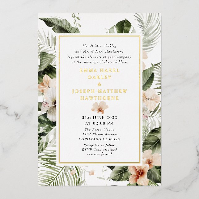 Tropical hibiscus boho floral Wedding Foil Invitation (Front)
