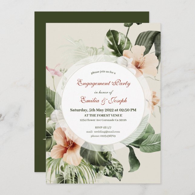 Tropical hibiscus boho pastel Engagement Invitation (Front/Back)