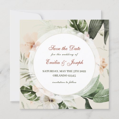 Tropical hibiscus boho pastel floral Save the Date Invitation