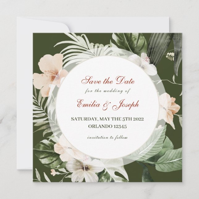 Tropical hibiscus boho pastel floral Save the Date Invitation (Front)