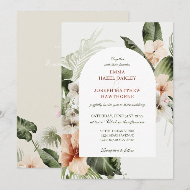 Tropical hibiscus boho pastel floral Wedding Invitation (Front/Back)