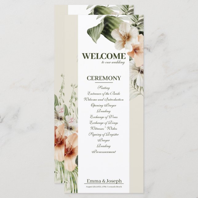 Tropical hibiscus boho pastel Wedding Program (Front/Back)