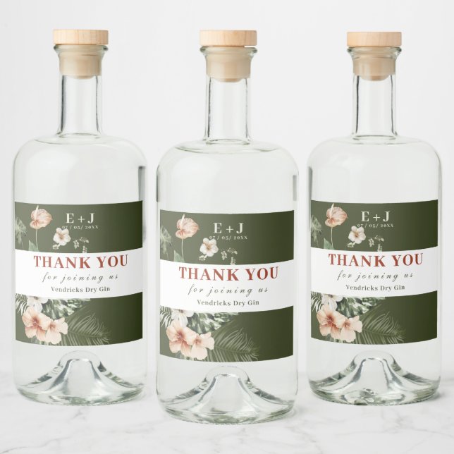 Tropical hibiscus boho pastel Wedding "Thank you" Liquor Bottle Label (Bottles)