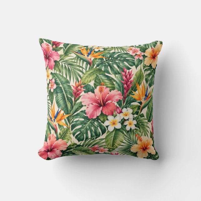 Tropical Hibiscus Botanical Pattern Throw Pillow (Front)