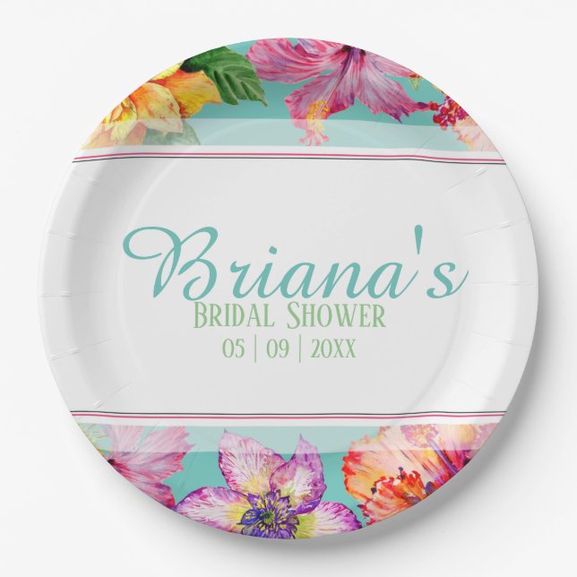 Tropical Hibiscus Bridal Shower Paper Plates (Front)