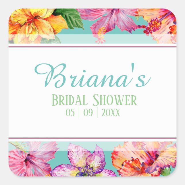 Tropical Hibiscus Bridal Shower Square Sticker (Front)
