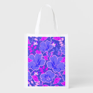 Tropical Hibiscus & Butterflies Pink & Slate Blue Grocery Bag