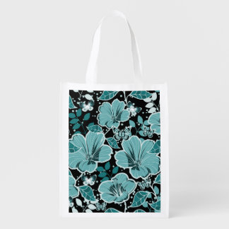 Tropical Hibiscus & Butterflies Turquoise & Black Grocery Bag