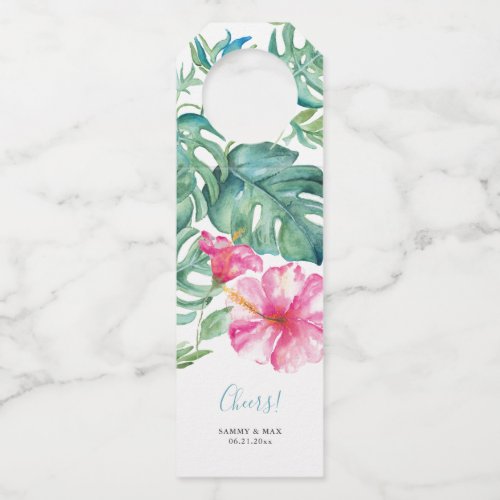 Tropical Hibiscus Cheers Wedding Wine Labels Bottle Hanger Tag