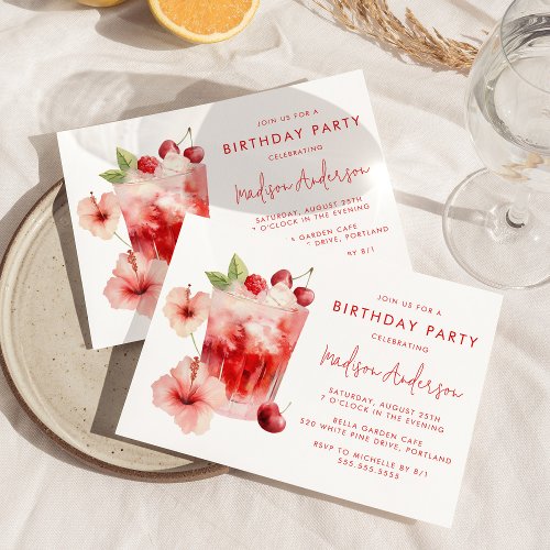 Tropical Hibiscus Cherry Cocktail Birthday Party Invitation