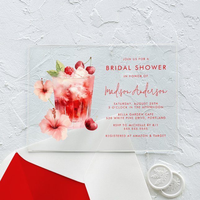Tropical Hibiscus Cherry Cocktail Bridal Shower Acrylic Invitations (Creator Uploaded)