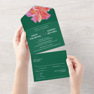 Tropical Hibiscus Emerald Wedding All In One Invitation