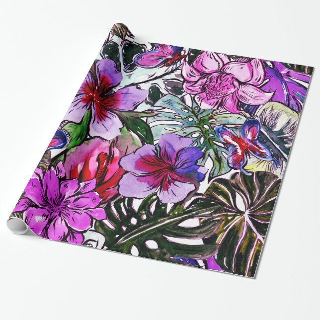 Tropical HIbiscus Exotic Jungle Flowers Wrapping Paper (Unrolled)
