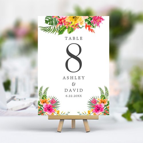 Tropical Hibiscus Floral Beach Wedding Table Number