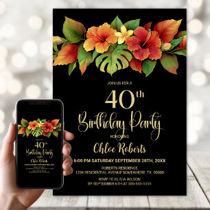 Tropical Hibiscus Floral Black 40th Birthday Party Invitation