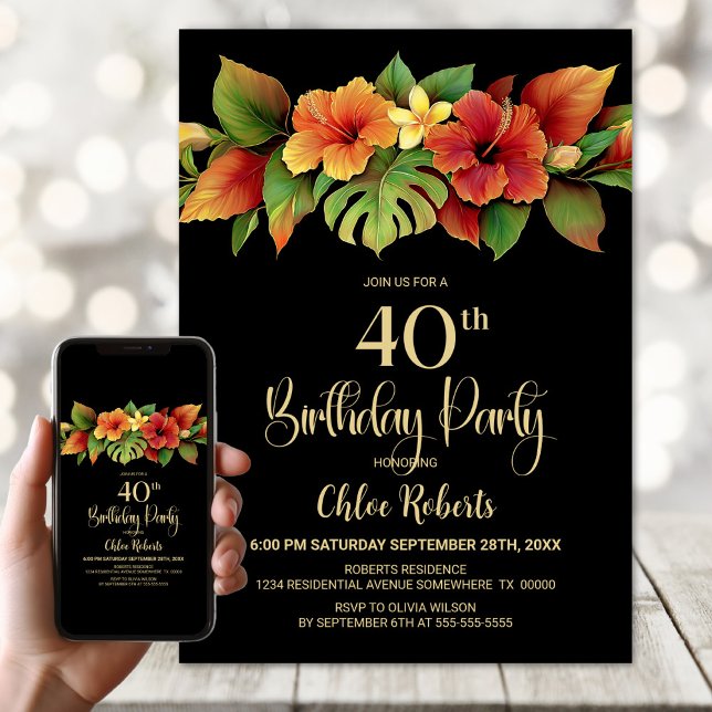 Tropical Hibiscus Floral Black 40th Birthday Party Invitation (Creator Uploaded)
