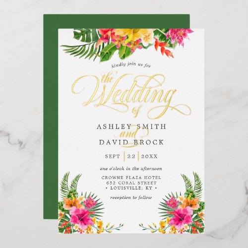 Tropical Hibiscus Floral Calligraphy Wedding Foil Invitation