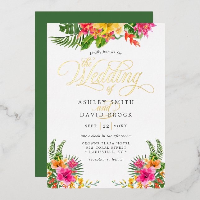 Tropical Hibiscus Floral Calligraphy Wedding Foil Invitation (Front/Back)