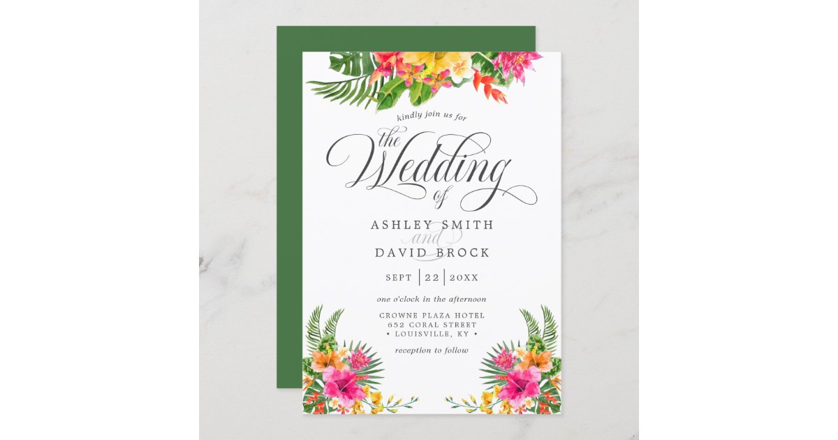 Tropical Hibiscus Floral Calligraphy Wedding Invitation