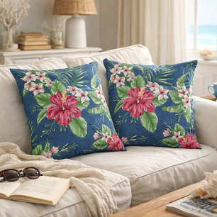 Tropical Hibiscus Floral Coastal Blue Decor Throw Pillow