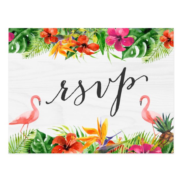 Tropical Hibiscus Floral Flamingo RSVP Reply Postcard