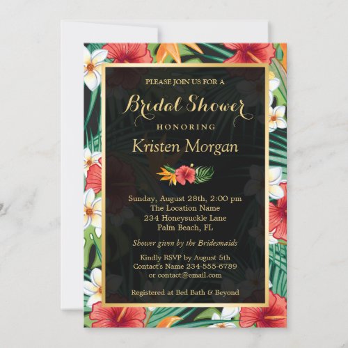Tropical Hibiscus Floral Gold Frame Bridal Shower Card