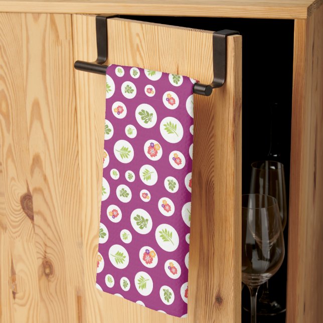 Tropical Hibiscus Floral Green Leaf Circle Pattern Kitchen Towel (Thirds Fold)
