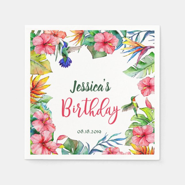 Tropical Hibiscus Floral Hawaiian Birthday Party Napkins (Front)